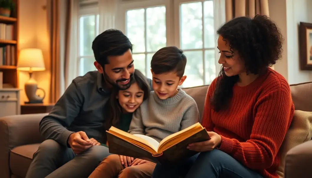 Family in a living room reading a book together with attentive children.