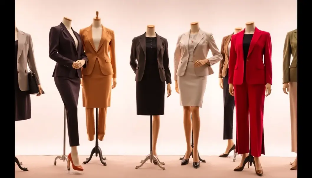 Display of modern office outfits for women on mannequins, highlighting variety and style.