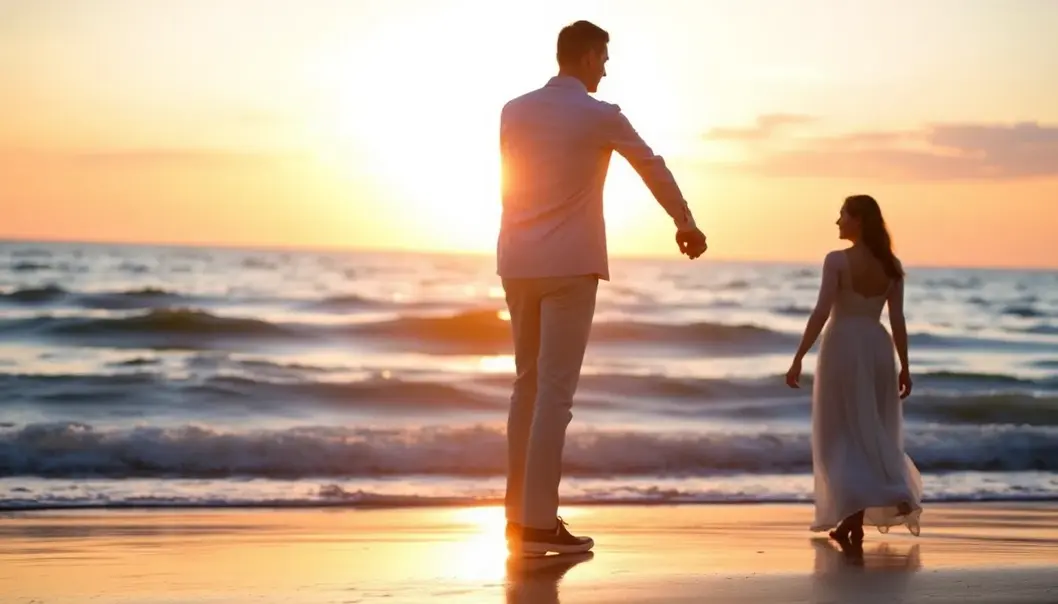 Newlywed couple on a beach at sunset, symbolizing a hopeful financial future.