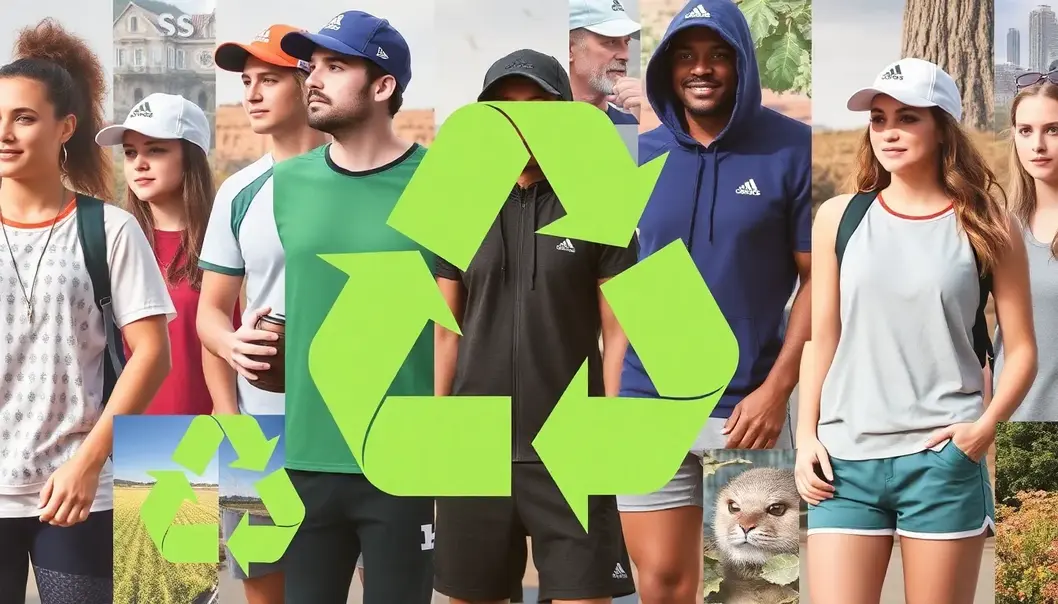 Collage showing sports fans in both sustainable and regular athletic wear with nature and recycling symbols.