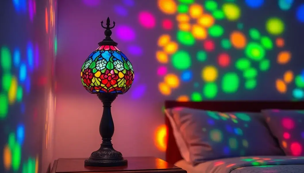 Illuminate Your Vibe: The Enchantment of Tiffany-Style Lamps A Tiffany-style lamp casting vibrant colors around a teen’s cozy room.
