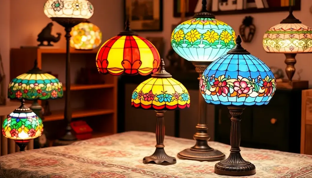 Various Tiffany-style lamps illustrating different colors and designs in a teen room setting.